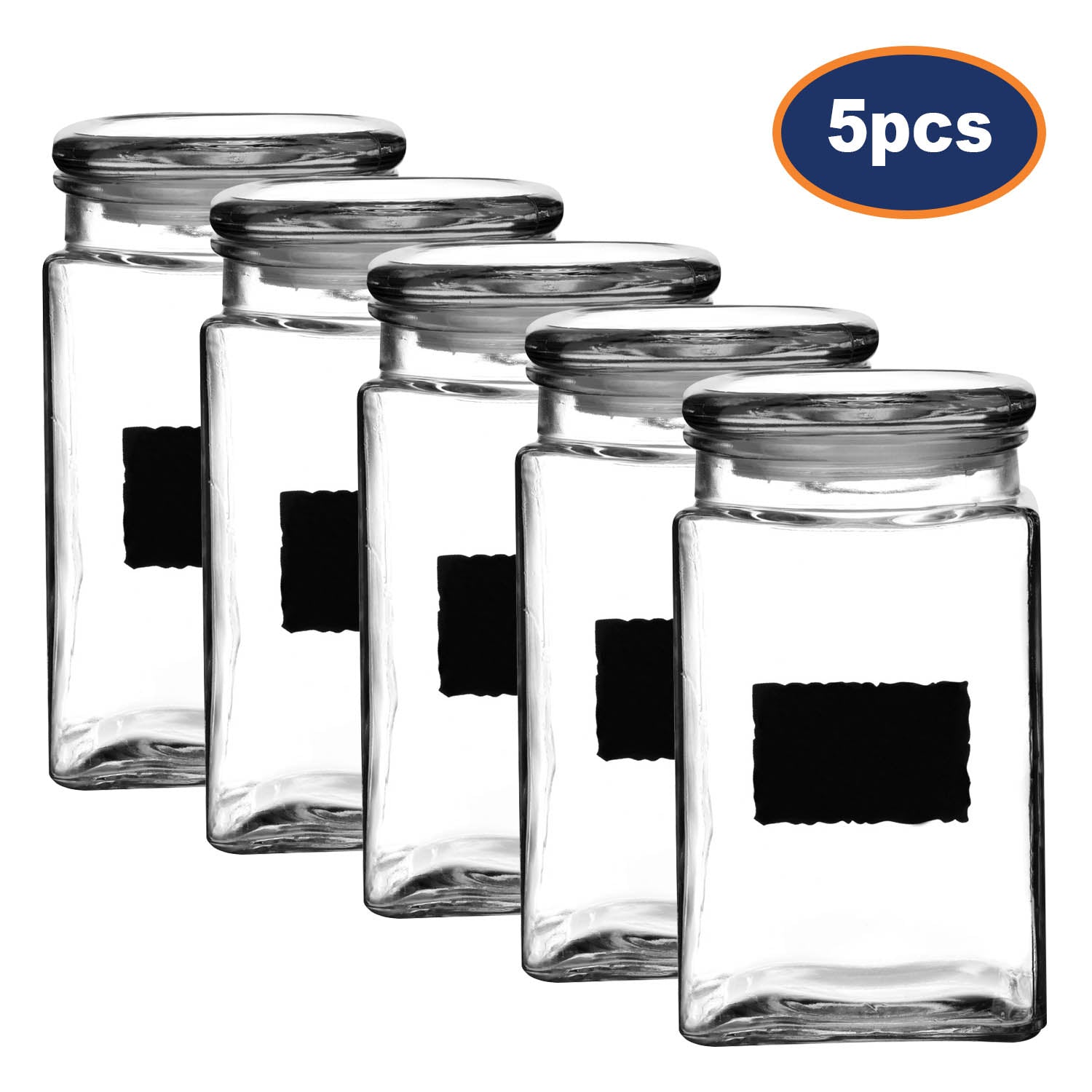 Set of 5 1.2 Litre Glass Storage Jars Airtight Lid With Chalkboard