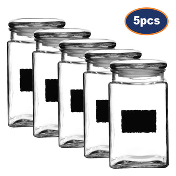 Set of 5 1.2 Litre Glass Storage Jars Airtight Lid With Chalkboard