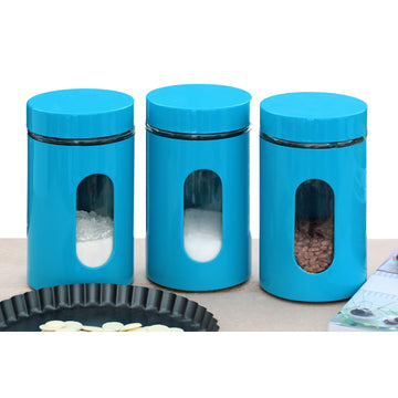 Set of 3 1 Litre Blue Enamel Steel Glass Kitchen Jars