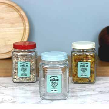 Set of 3 Square Glass Storage Jars Assorted Lids