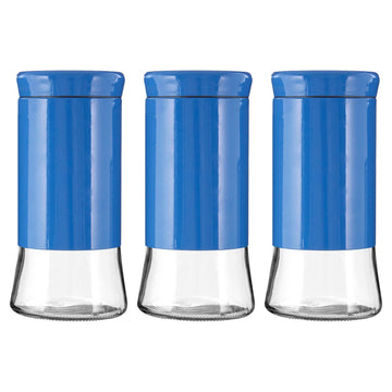 Set of 3 1.5 Litre Blue Stainless Steel Glass Storage Jars