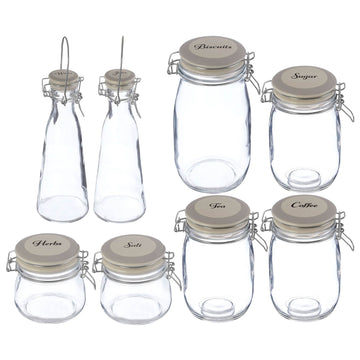 8pcs Grocer Tea Coffee Sugar Biscuit Glass Jar Canisters