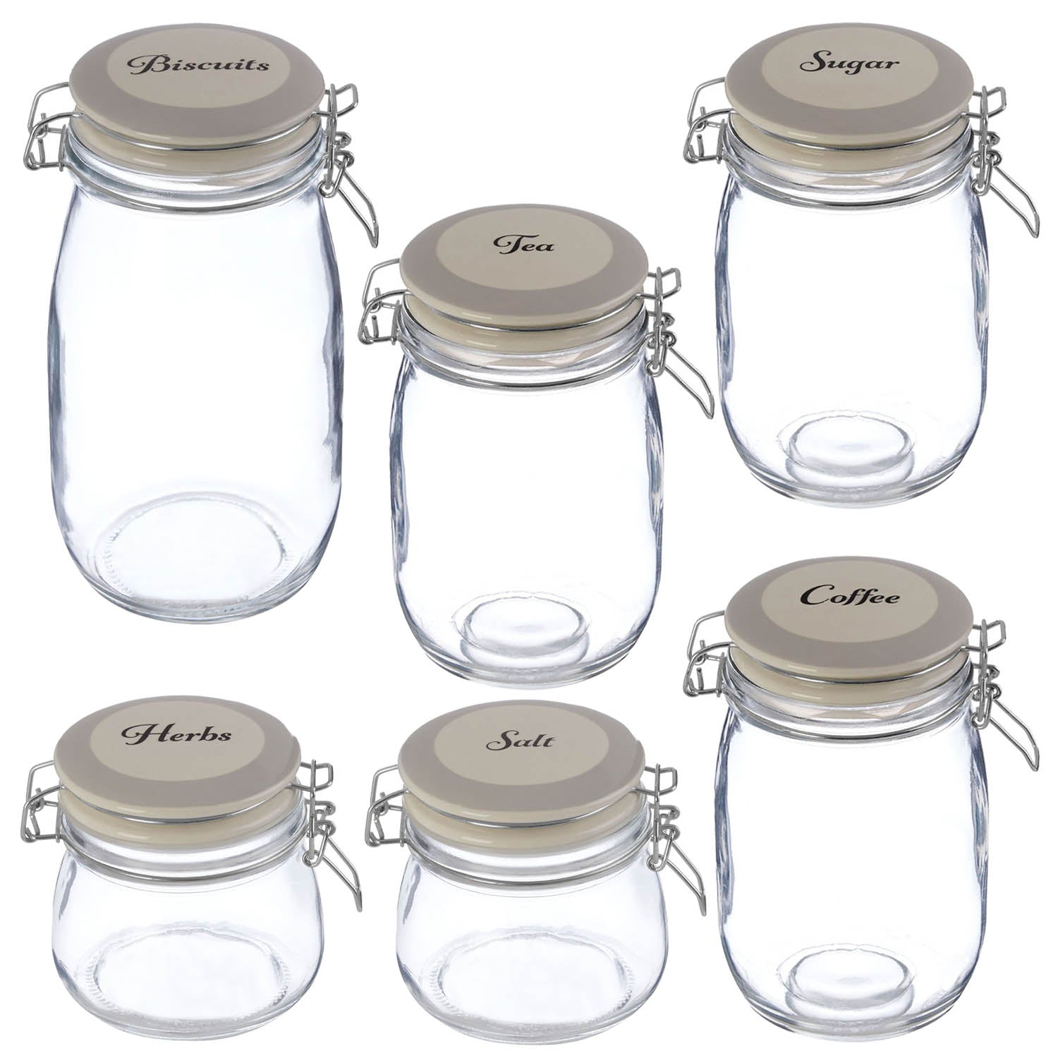 6pcs Grocer Tea Coffee Sugar Biscuit Glass Jar Canisters