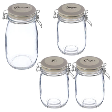 4pcs Grocer Tea Coffee Sugar Biscuit Glass Jar Canisters