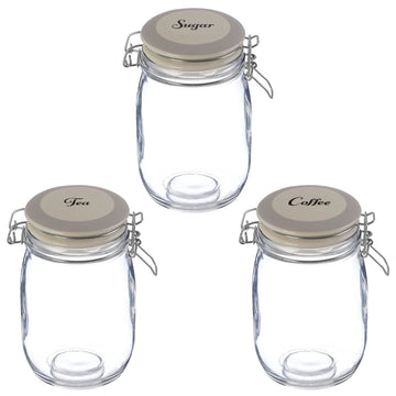 3pcs 1L Grocer Tea Coffee Sugar Glass Jar Canisters