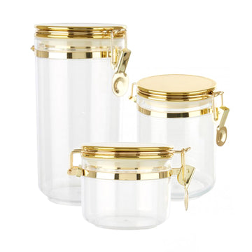 3-pc Gozo Small, Medium & Large Gold Clear Plastic Storage Canister