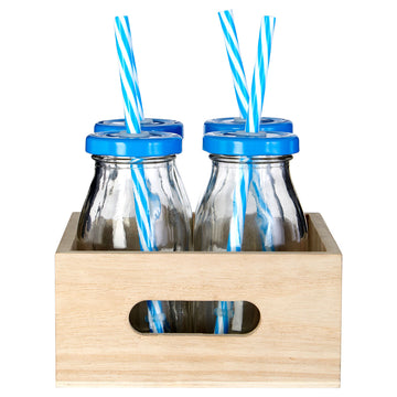 Set of 4 200ml Blue Glass Bottle with Wooden Crate