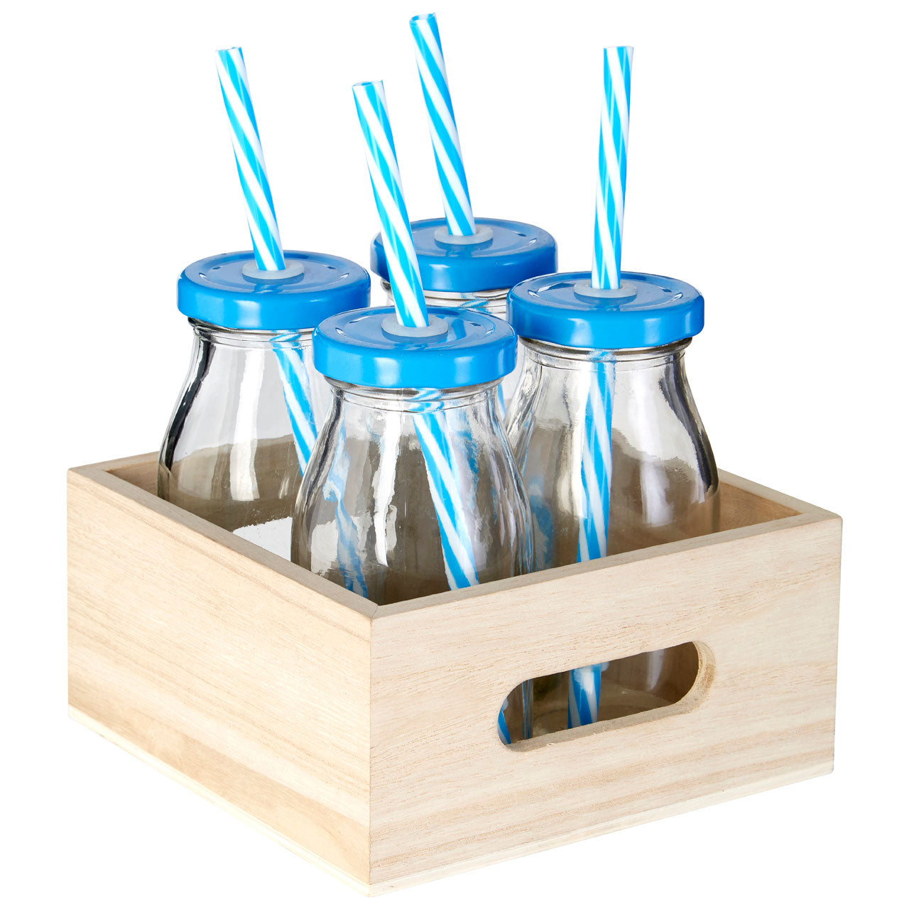 Set of 4 200ml Blue Glass Bottle with Wooden Crate