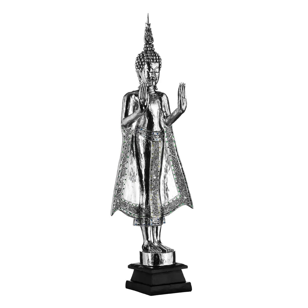 Zen Silver Polyresin Standing Buddha Sculpture