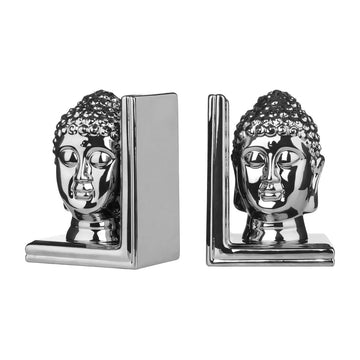 Two Ceramic Silver Buddha Head L-Shaped Bookends