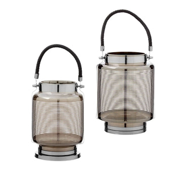 2Pc Rayan Large & Small Nickel Stripe Glass Shade Lanterns