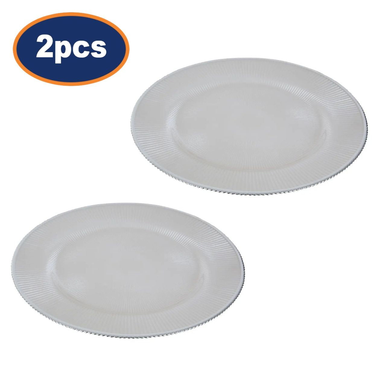 2Pcs Iva White Glass Embossed Silver Finish Rim Charger Plates