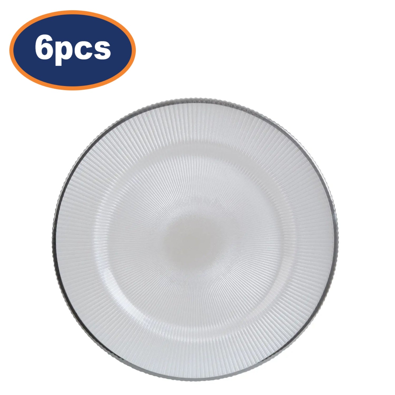 6Pcs Iva White Glass Embossed Silver Finish Rim Charger Plates