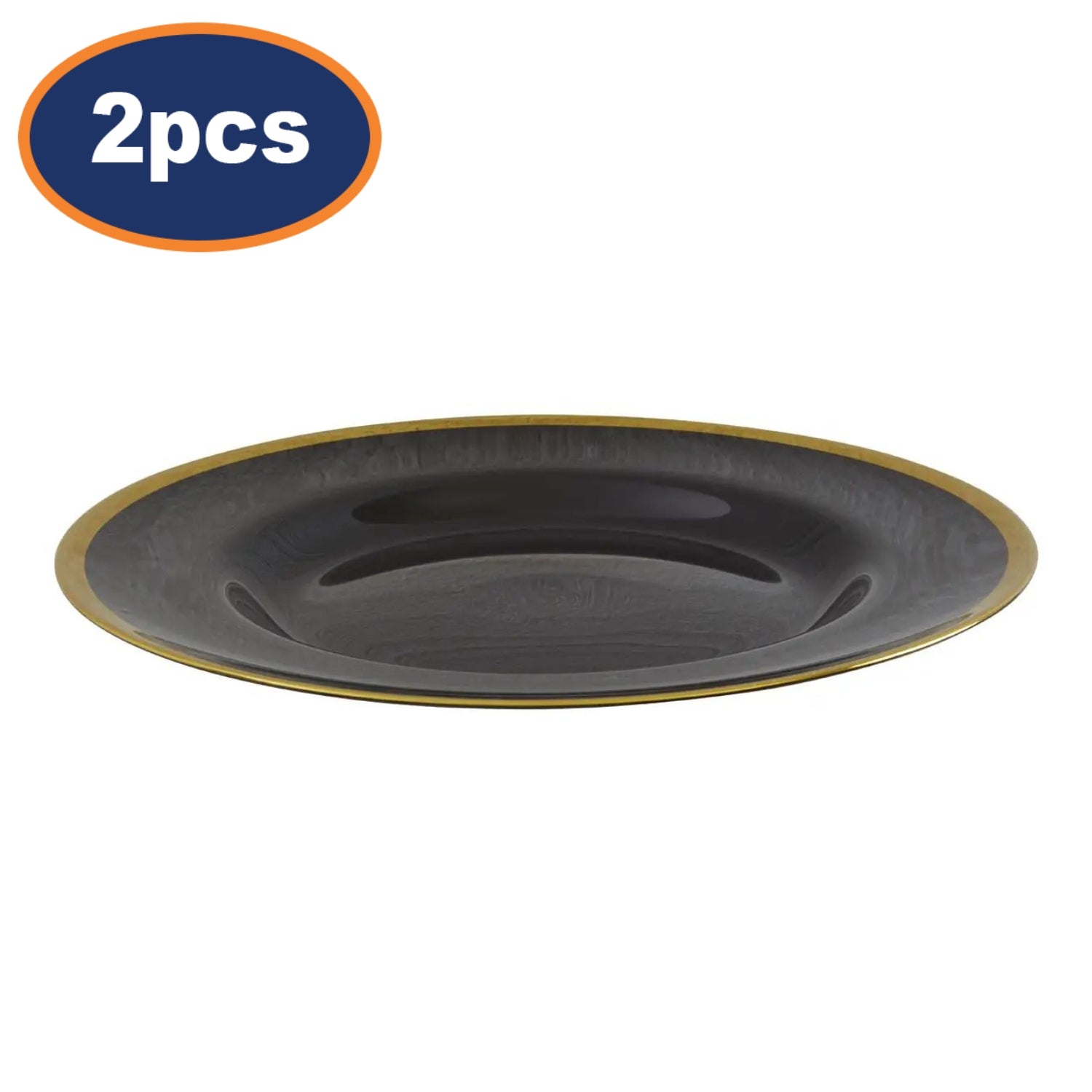 2Pcs Iva Black Glass Embossed Gold Finish Rim Charger Plates