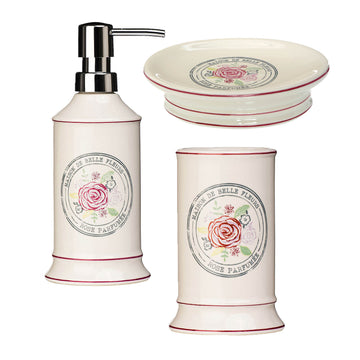 3pc Floral Rose Pink Belle Stoneware Bathroom Accessories