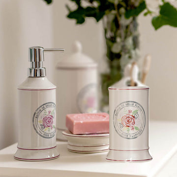 3pc Floral Rose Pink Belle Stoneware Bathroom Accessories