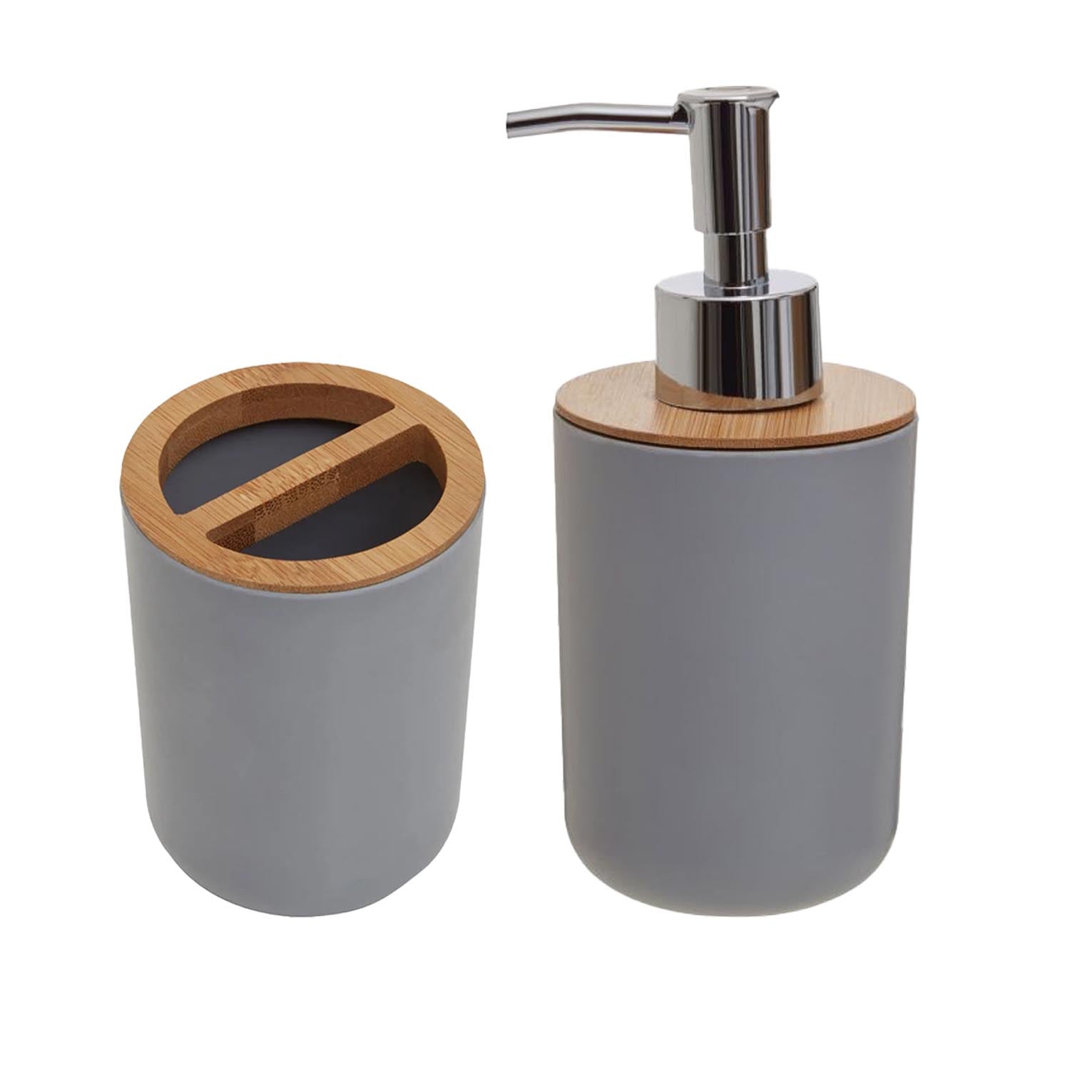 Grey Bathroom Accessory 2-Set Soap Dispenser Toothbrush