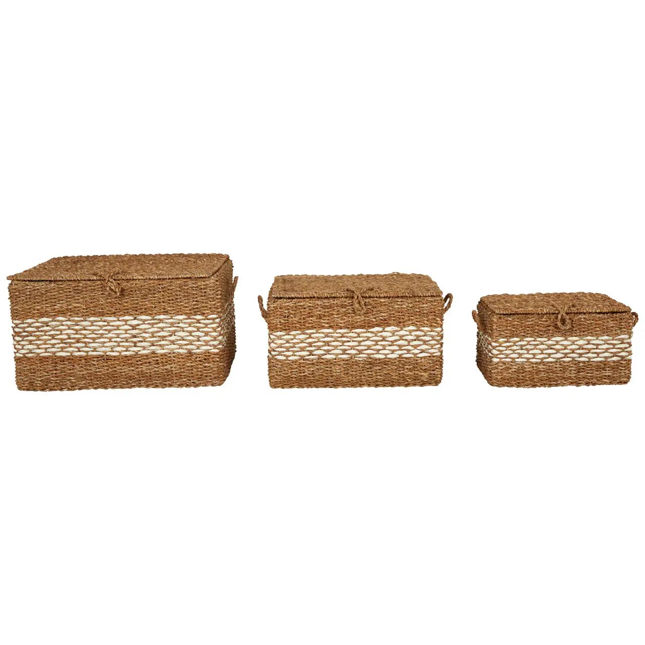 Livi 3Pc Various Sized Rectangular Seagrass Woven Baskets With Lids