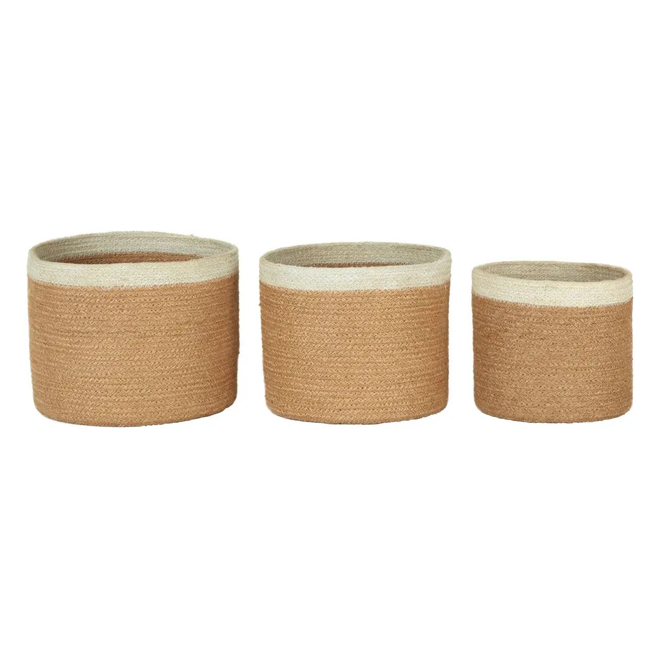 Livi 3Pc Various Sized Round White Accent Jute Baskets