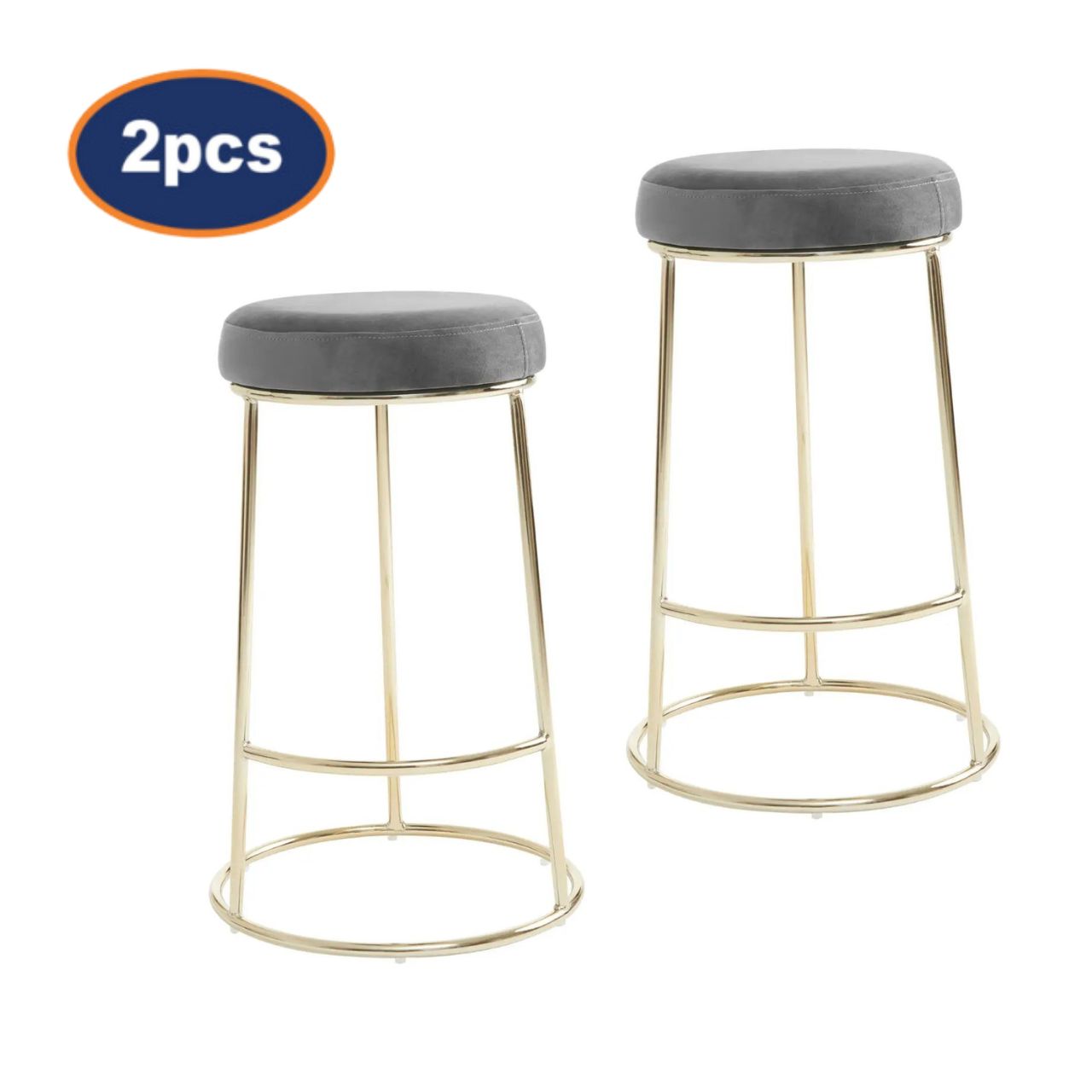 2Pcs Chicago Grey Velvet & Gold Bar Stools