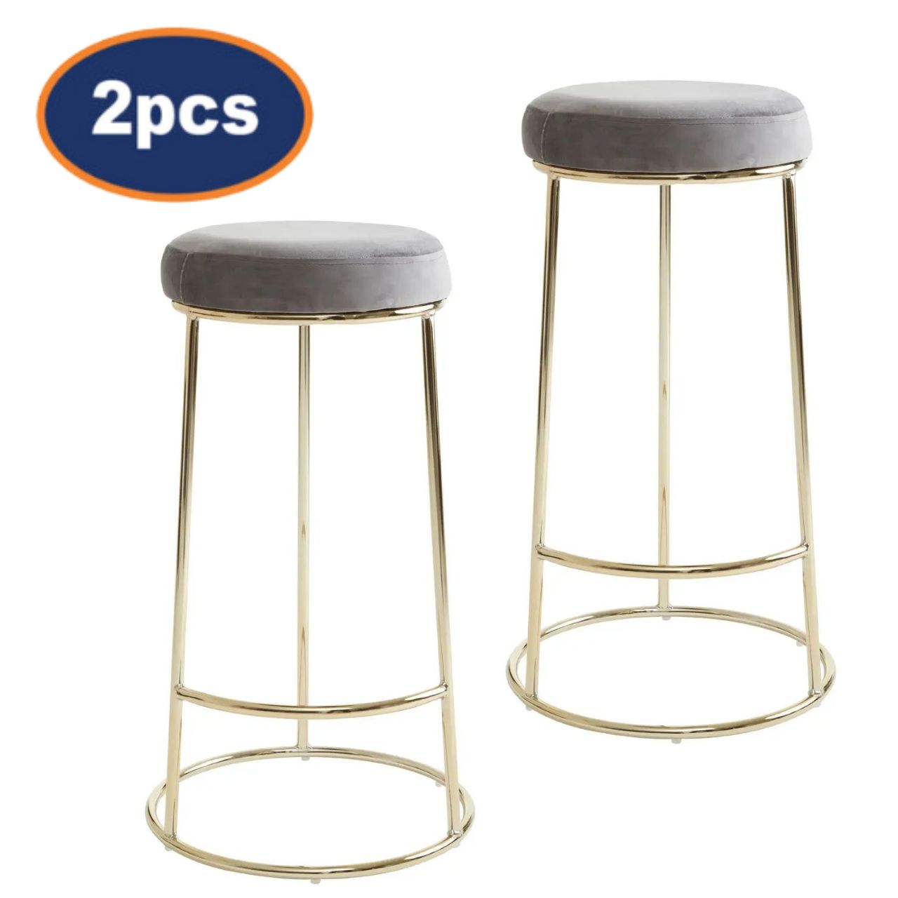 2Pcs Chicago Tall Grey Velvet & Gold Bar Stools