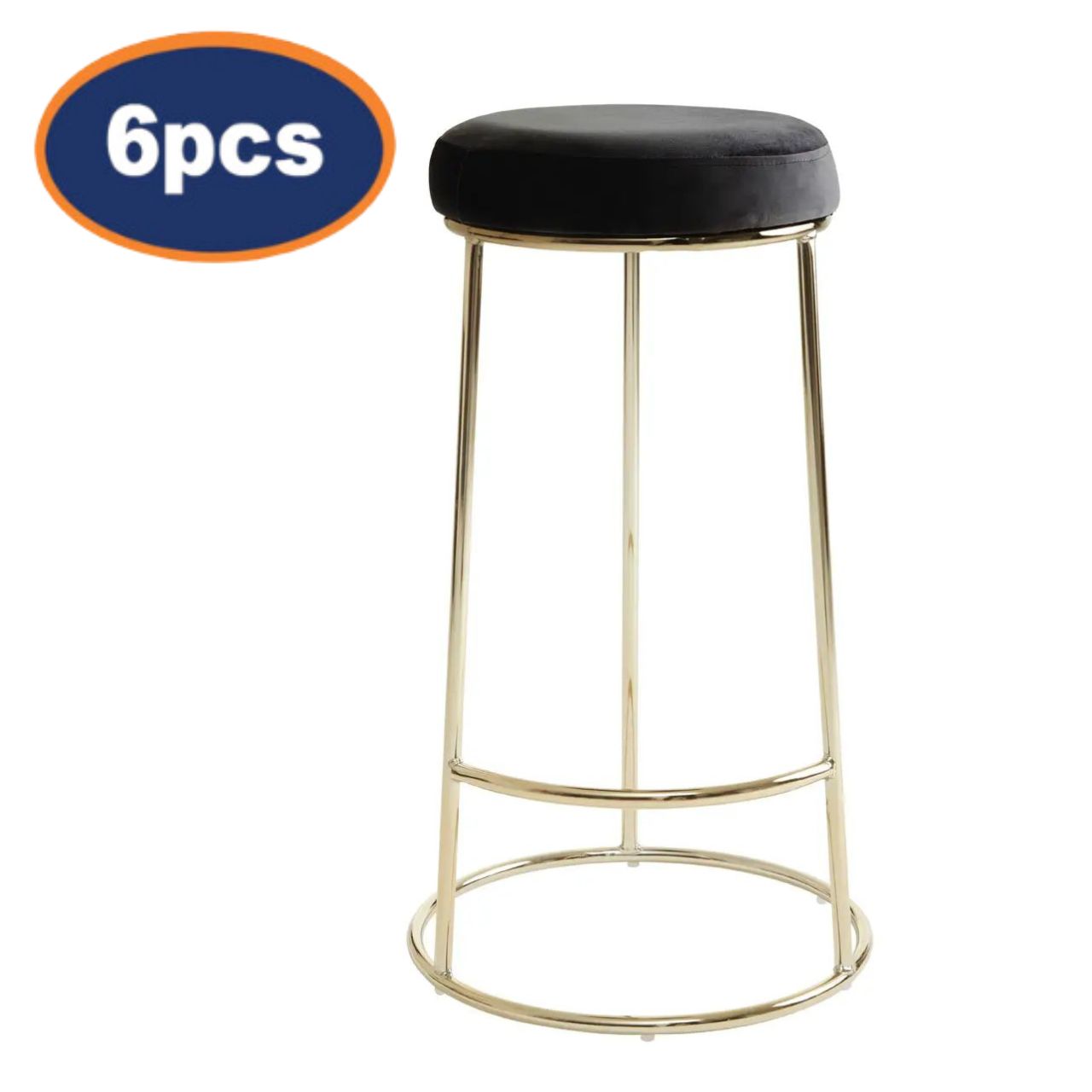 6Pcs Chicago Tall Black Velvet & Gold Bar Stools