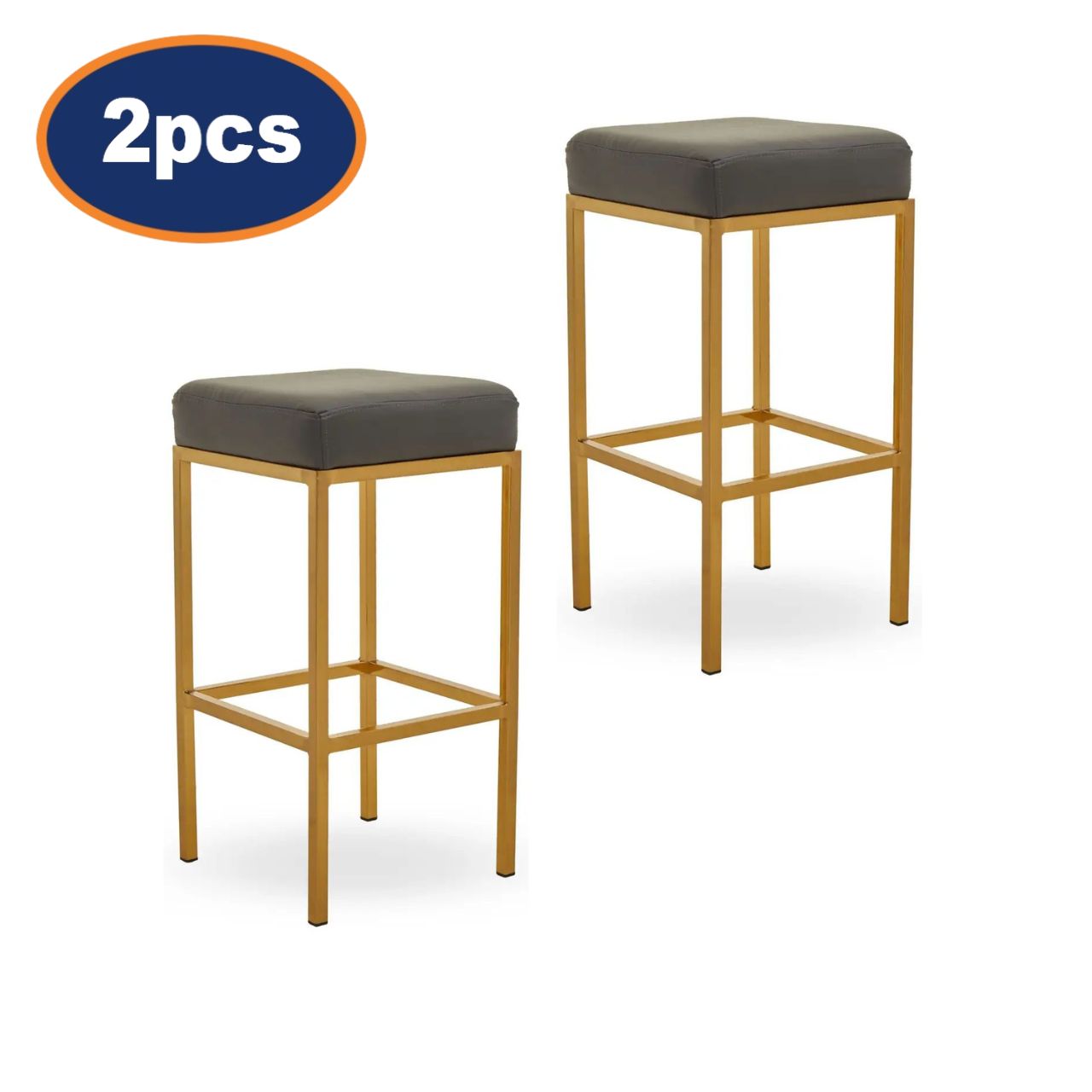 2Pcs Waina Dark Grey Faux Leather & Gold Finish Bar Stools