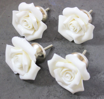 Set Of 4 White Ceramic Rose Drawer Knobs