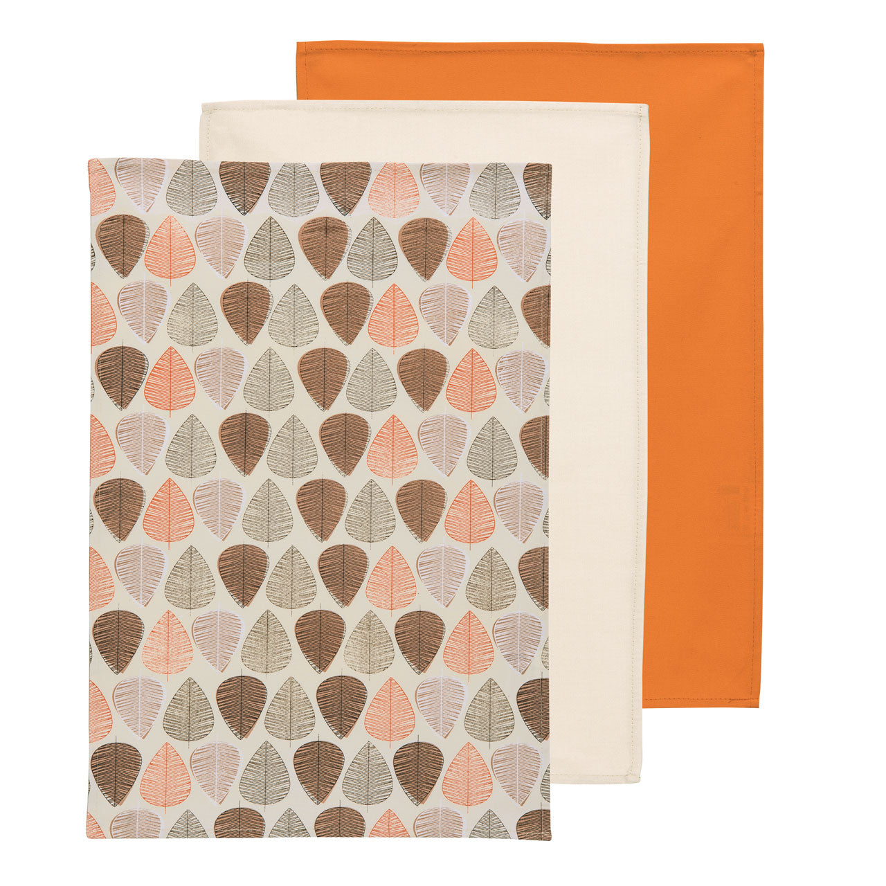 Set of 3 100% Cotton Assorted Orange Leaf Tea Towels