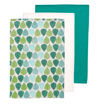 Set of 3 100% Cotton Assorted Green Leaf Tea Towels