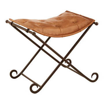 Bison Brown Leather & Iron Folding Stool