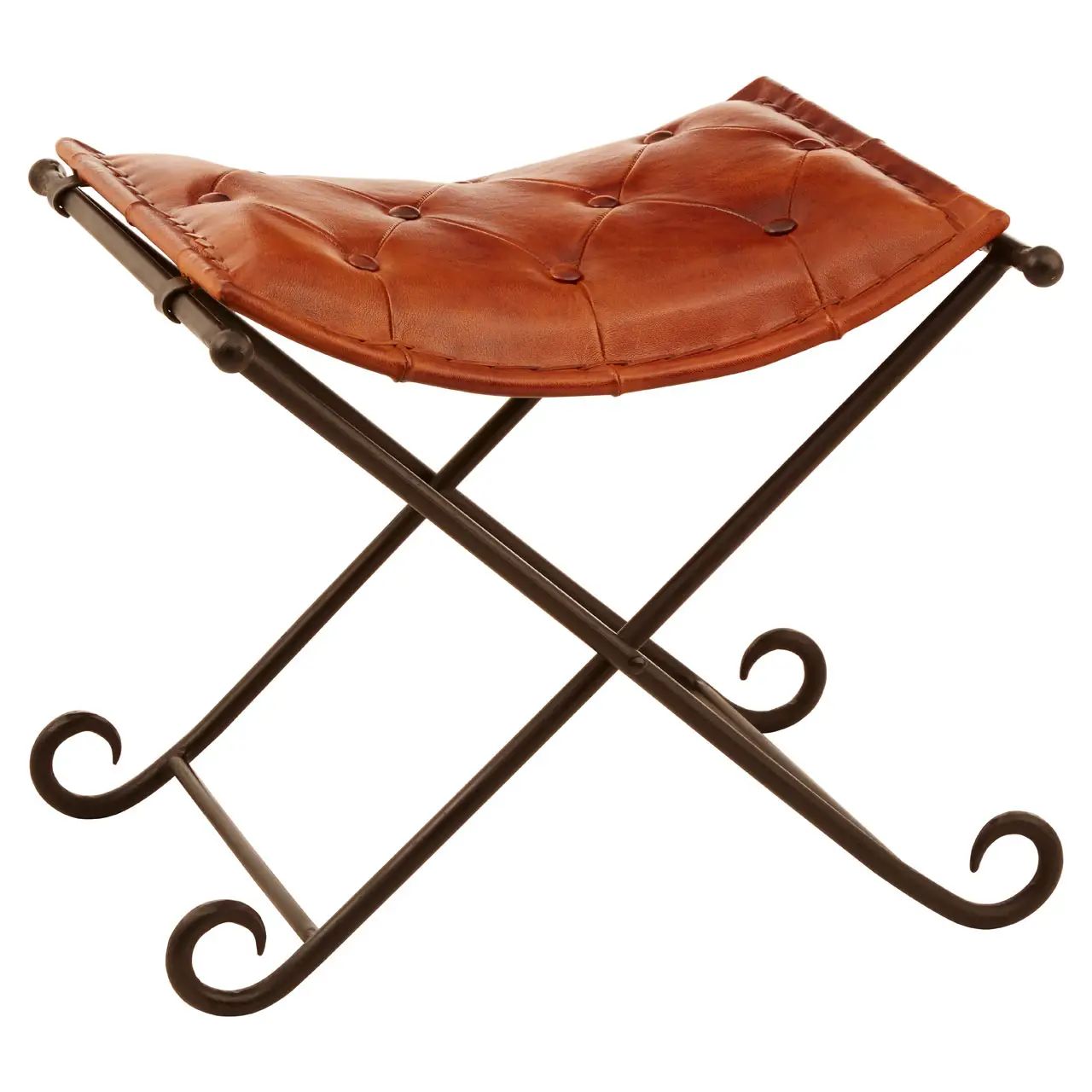 Bison Tan Leather & Iron Folding Stool