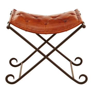 Bison Tan Leather & Iron Folding Stool