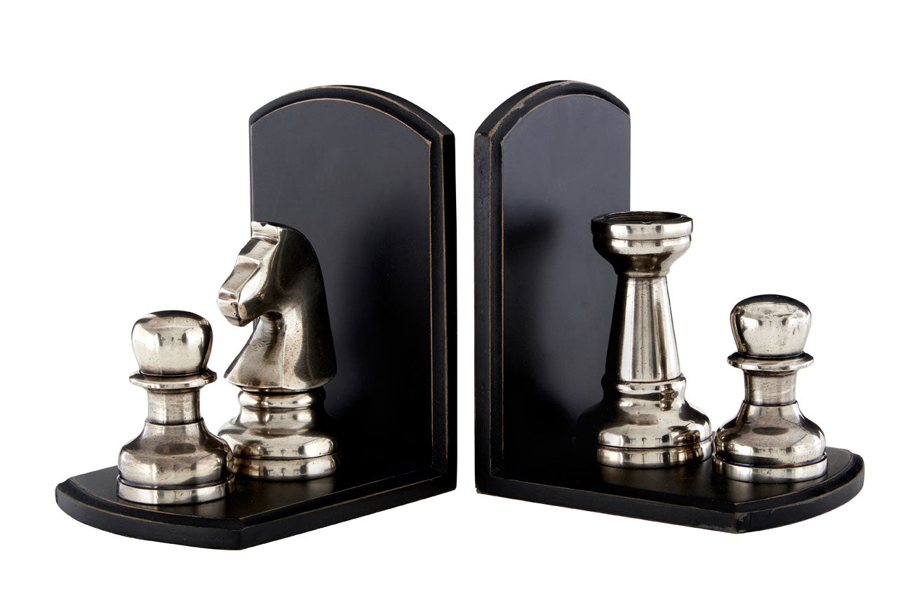 Harlington Townhouse Silver Aluminium 4 Chess Pieces Wooden Bookends