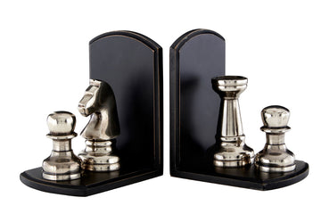 Harlington Townhouse Silver Aluminium 4 Chess Pieces Wooden Bookends