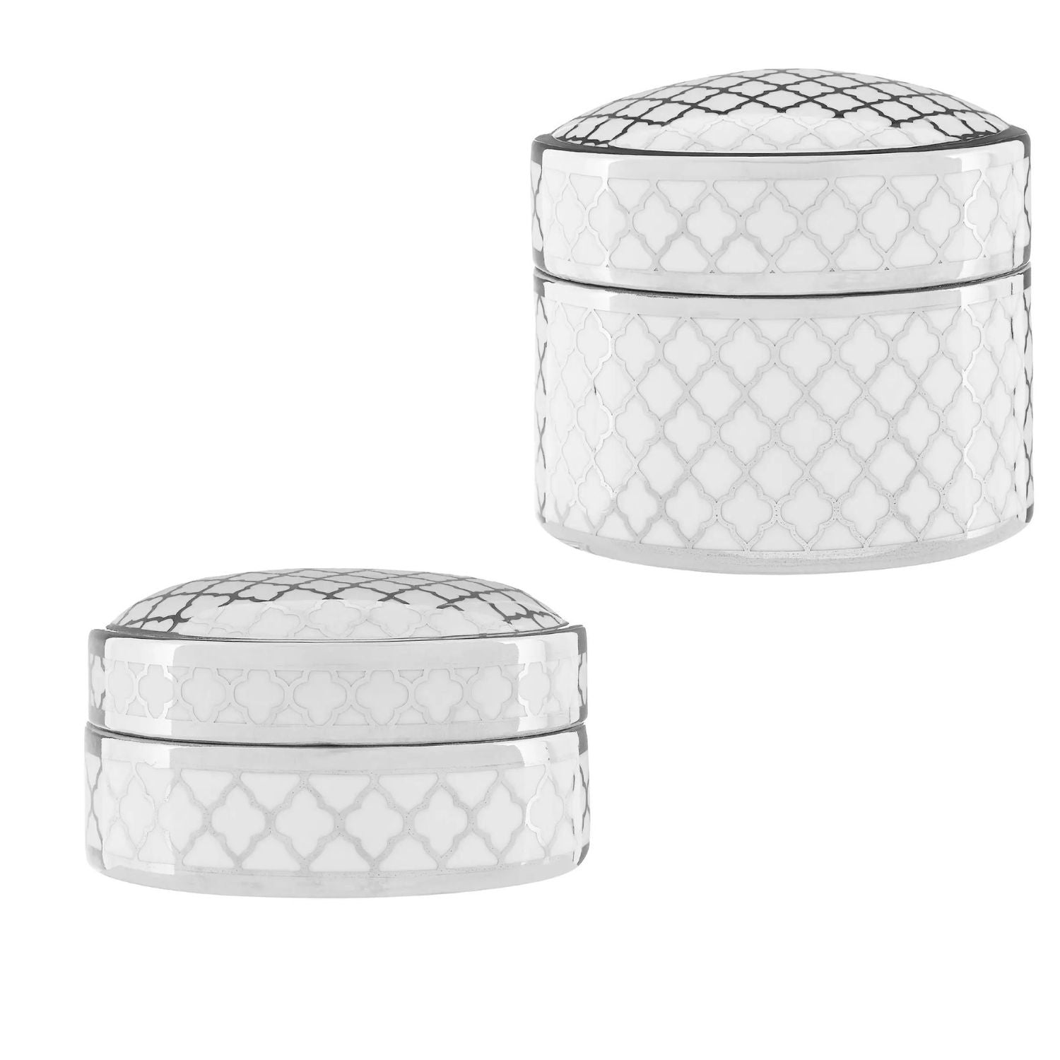 2Pc Renia Large & Small White Silver Ceramic Trinket Boxes