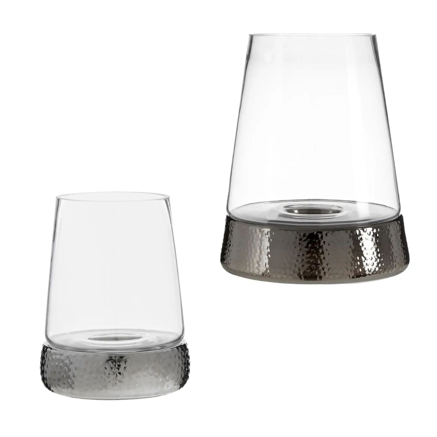 2Pc Hartele Large & Small Clear Glass With Nickel Finish Base Candle Holders