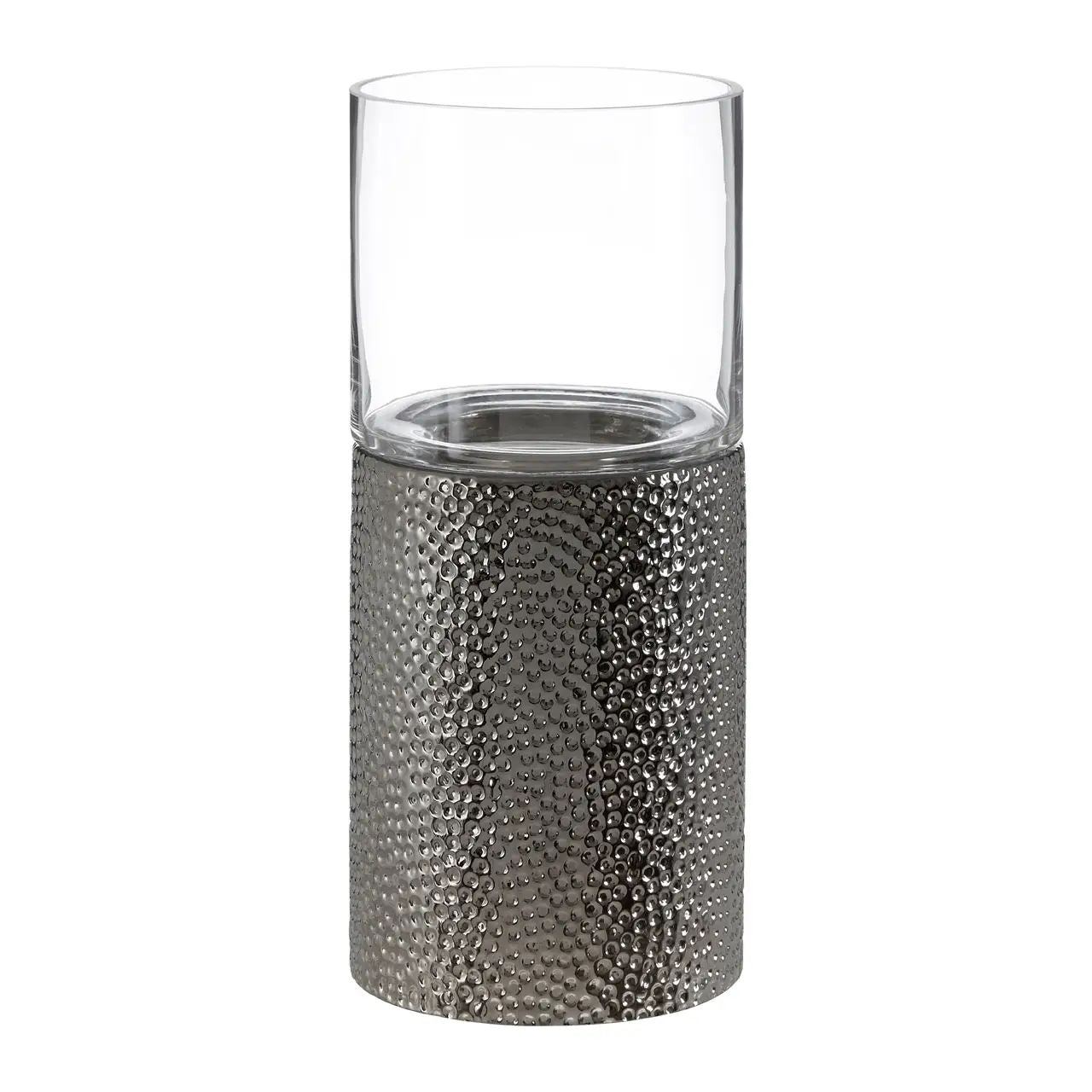 Hartele Small Clear Glass & Nickel Finish Base Pilar Candle Holder