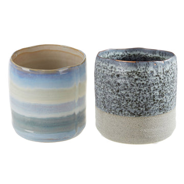 2-set Blue Aqua & Speckled Grey Caldera Stoneware Small Flower Pot