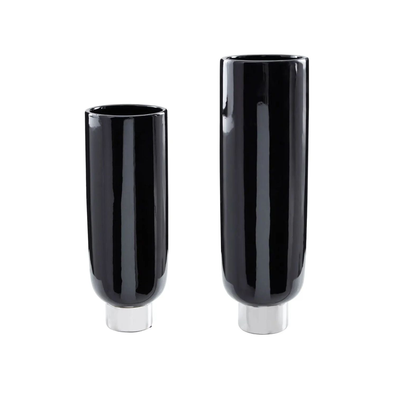 2Pc Cally Large & Small Black Silver Stoneware Pedestal Vases