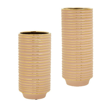 2Pc Halen Various Sized Pink & Gold Stripes Ceramic Vases