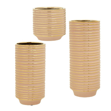 3Pc Halen Various Sized Pink & Gold Stripes Ceramic Vases & Planter Set