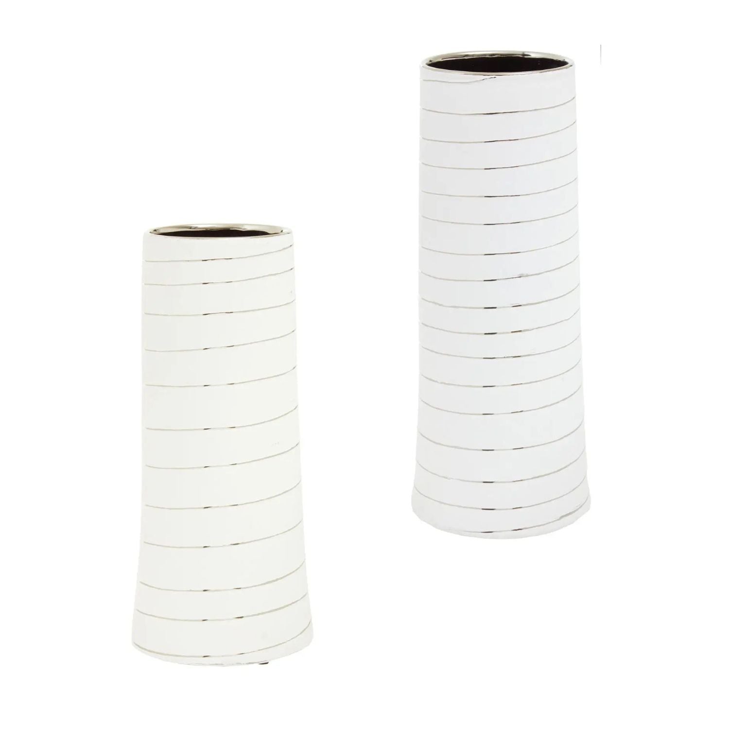 2Pc Halen Large & Small White Silver Stripe Ceramic Vases