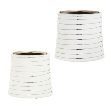 2Pc Halen Large & Small White Silver Ceramic Planters