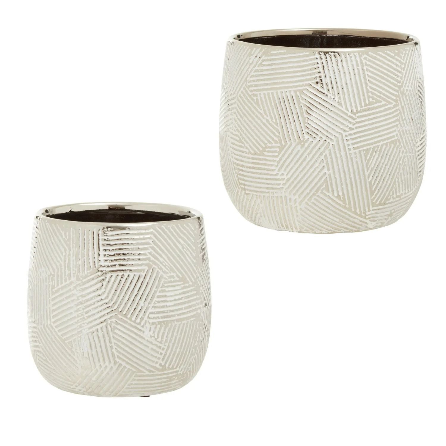 2Pc Ronna Large & Small White Silver Ceramic Planters