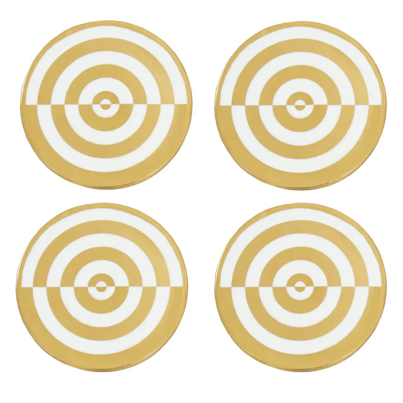 Kurva 4pc White & Gold Bullseye Design Round Ceramic Coasters Set