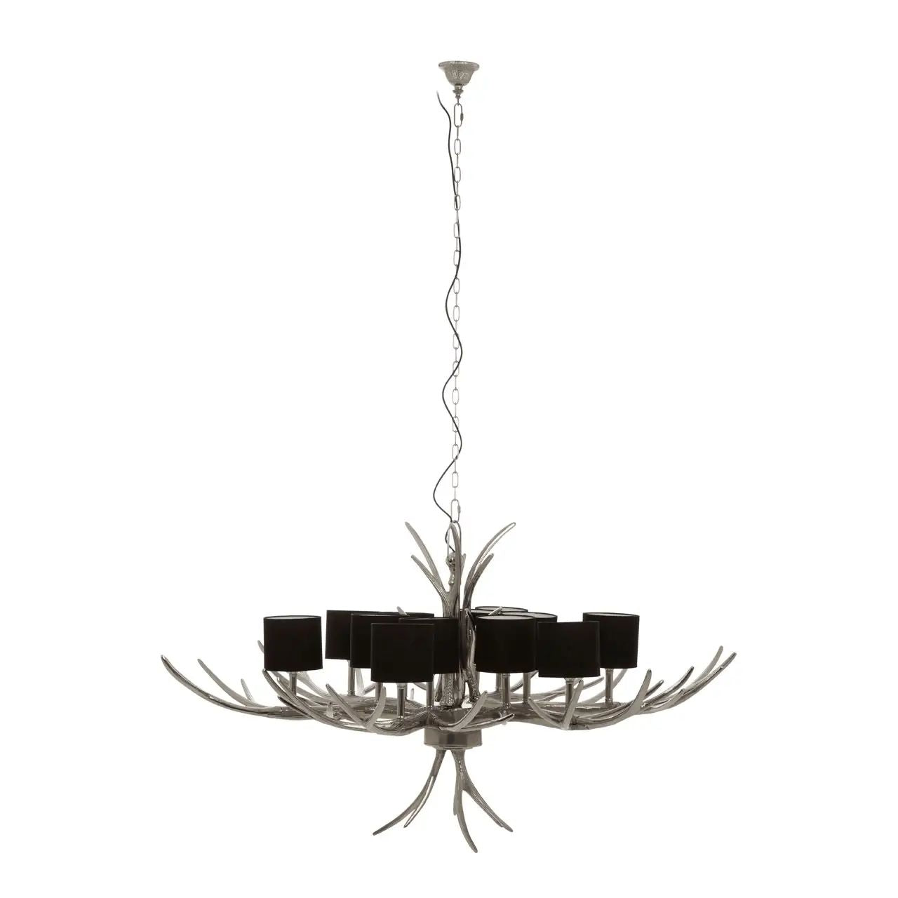 Tine 12 Black Shade Large Metallic Silver Antler Chandelier