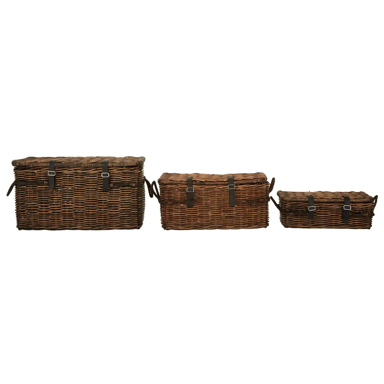 Argonta 3Pc Antique Brown Natural Rattan Baskets With Lids