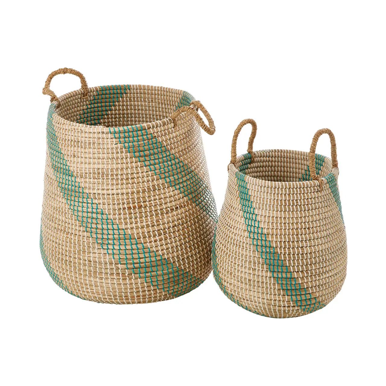 Gora 2Pc Green & White Accent Natural Seagrass Woven Baskets