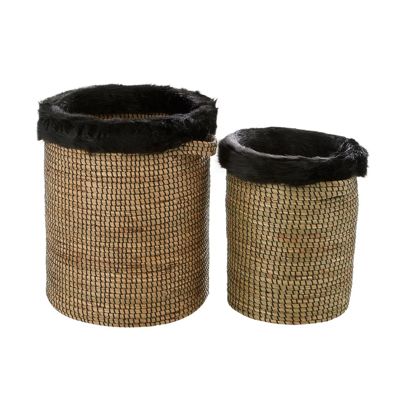 Gora 2Pc Round Natural Seagrass Baskets With Faux Fur Trim